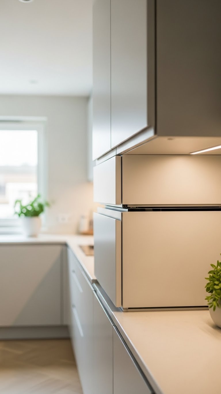 Modern small kitchen with stacked white cabinets reaching high ceilings featuring integrated lighting and minimalist handle-less fronts.