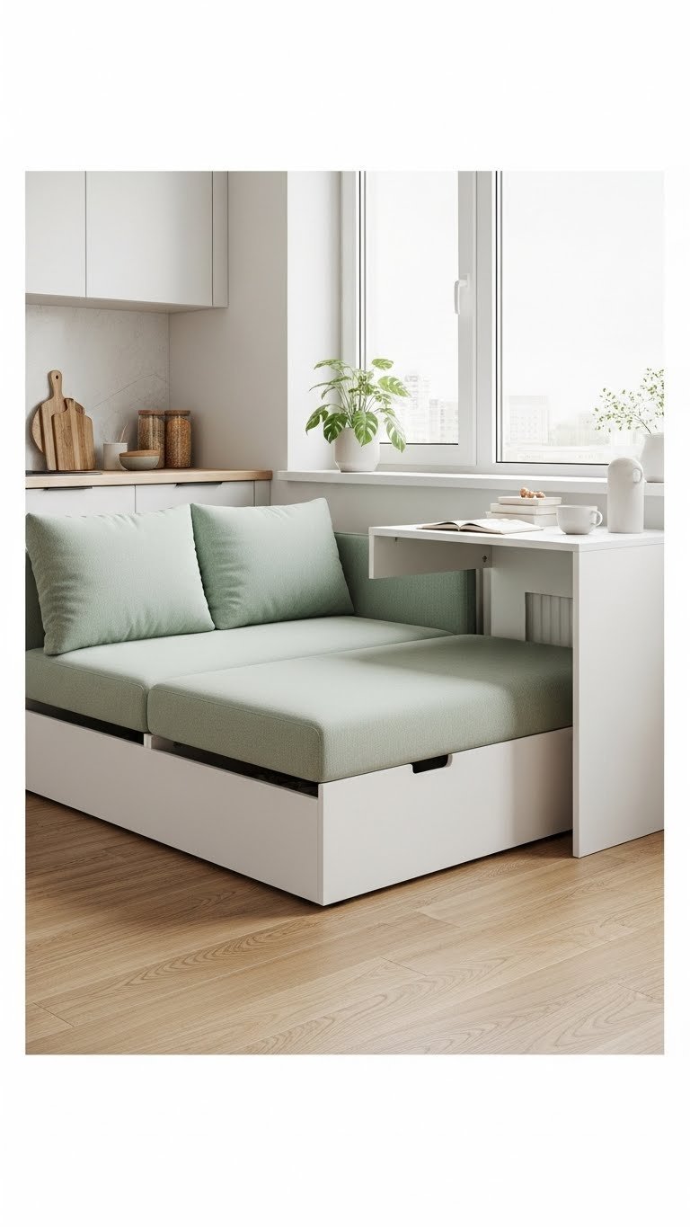 Modern small living space with modular sofa, integrated storage, and compact dining desk. Space-saving furniture in whites, light woods, sage green.