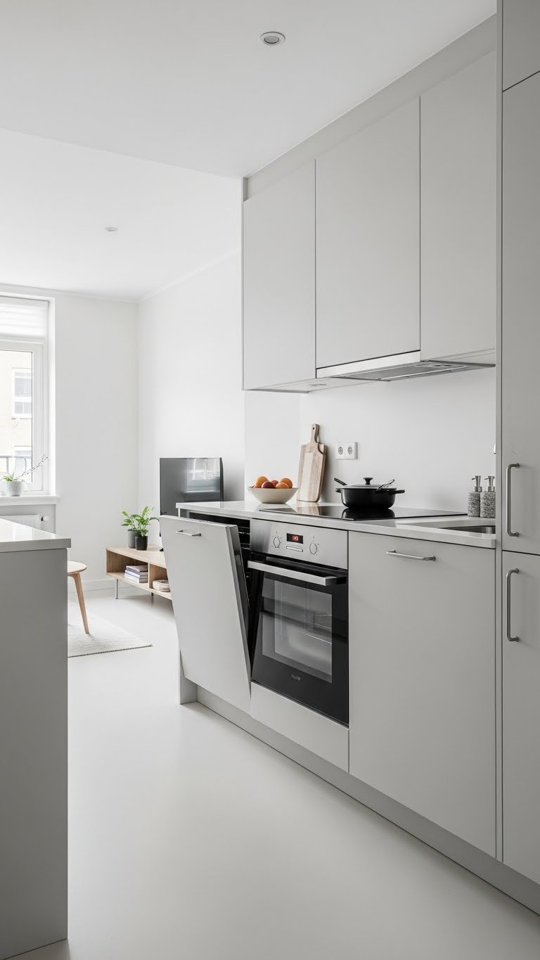 Modern small open kitchen with compact integrated appliances seamlessly blending into minimalist white cabinetry