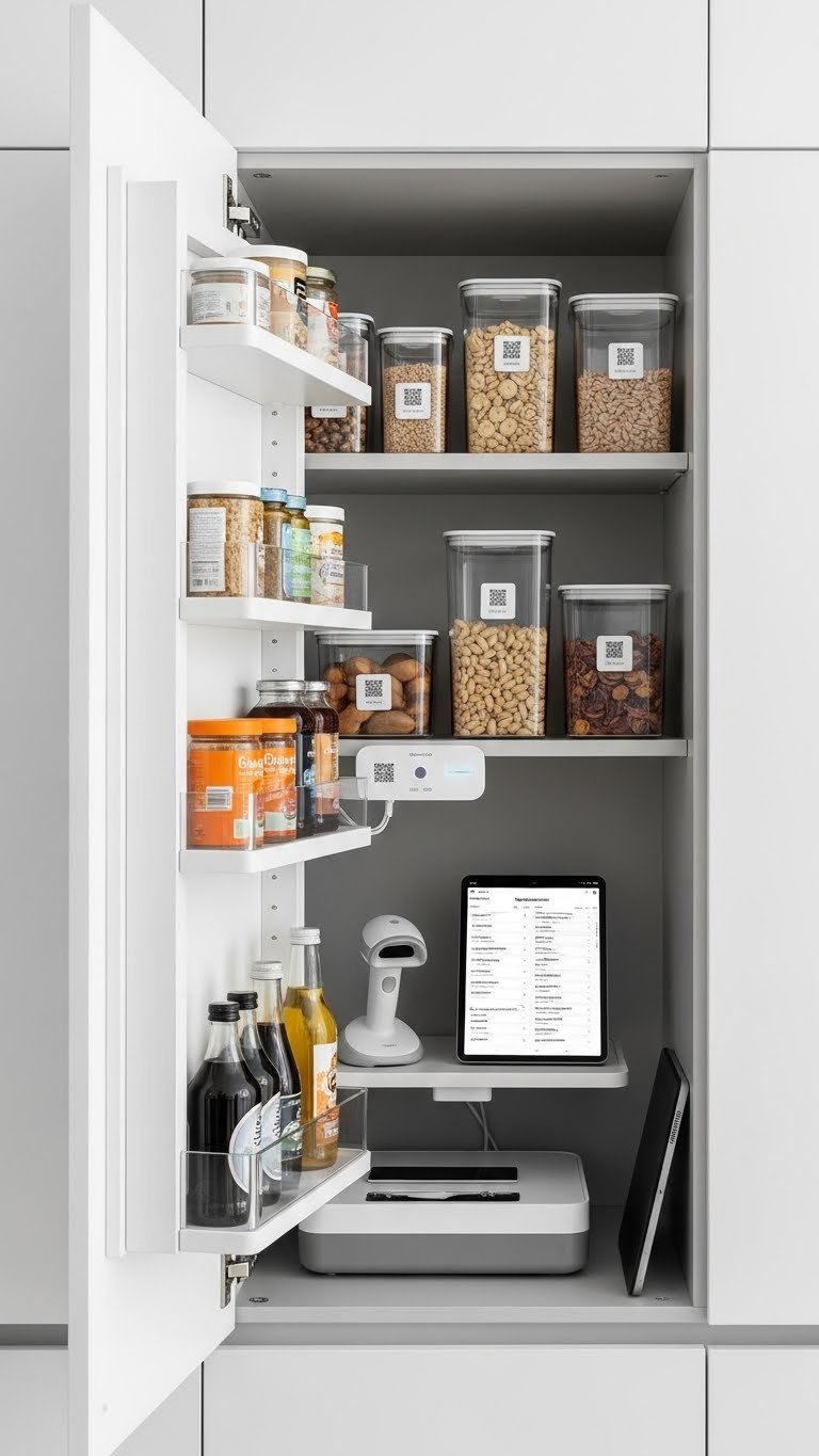 11 Smart Kitchen Cabinet Pantry Ideas For Ultimate Organization 21 Modern smart pantry cabinet with organized food items, clear containers, QR codes, and a tablet for digital inventory management.