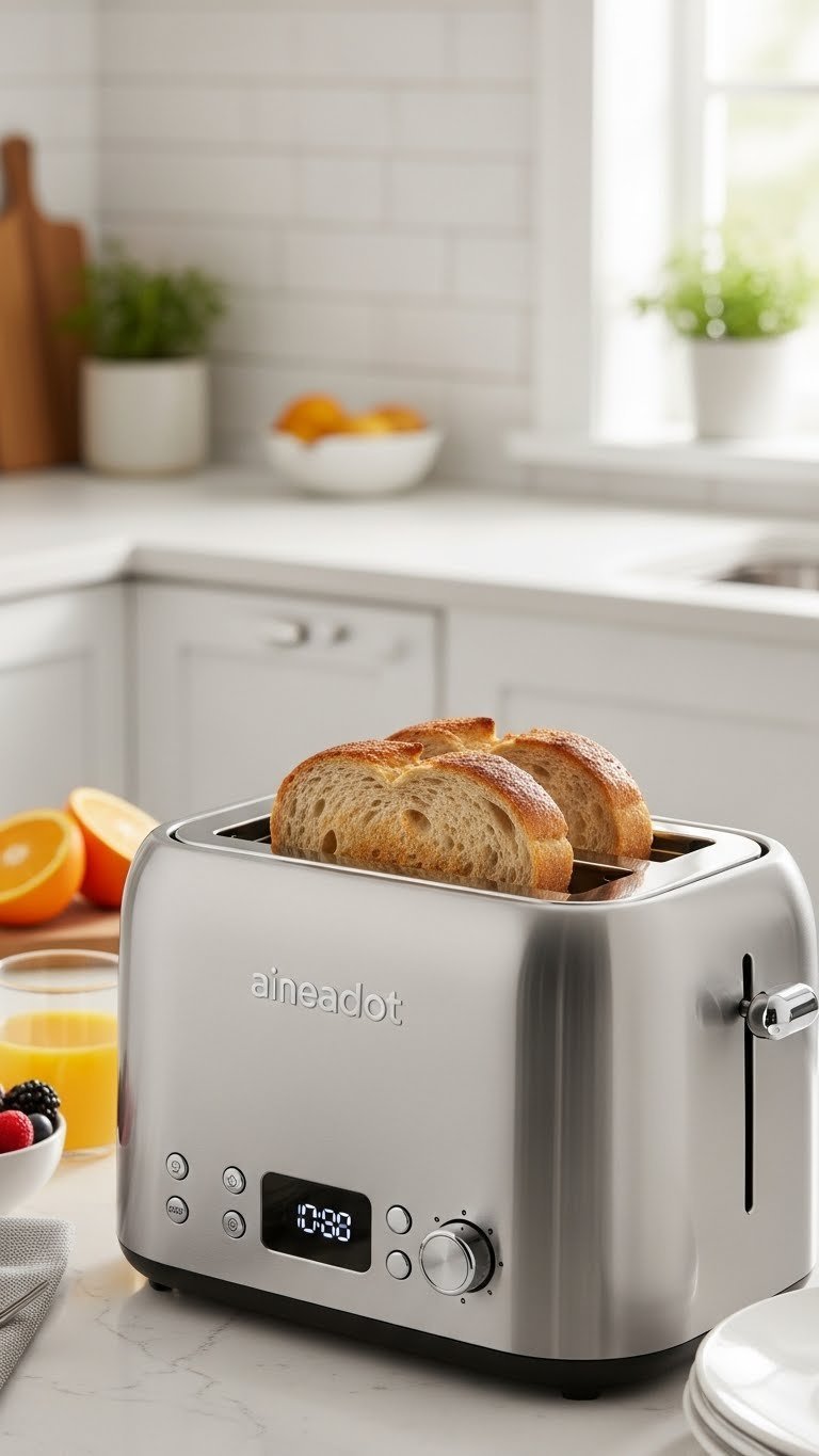 Modern smart toaster with digital display perfectly toasting golden artisanal bread slices on light-colored kitchen counter