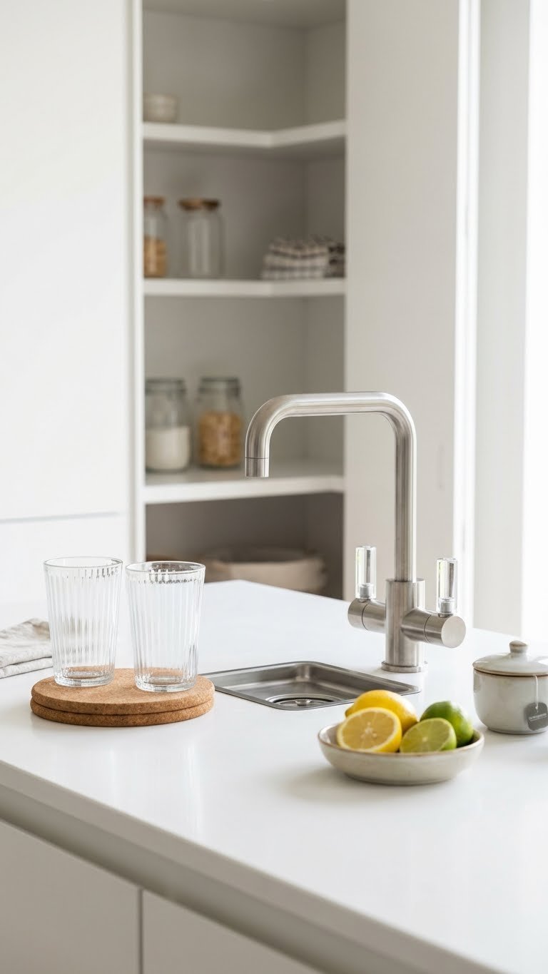 11 Ultimate Kitchen Pantry Beverage Station Ideas Design Your Dream Drink Hub 13 Modern sparkling water dispenser hub in a clean kitchen pantry with elegant glasses and sliced lemons.