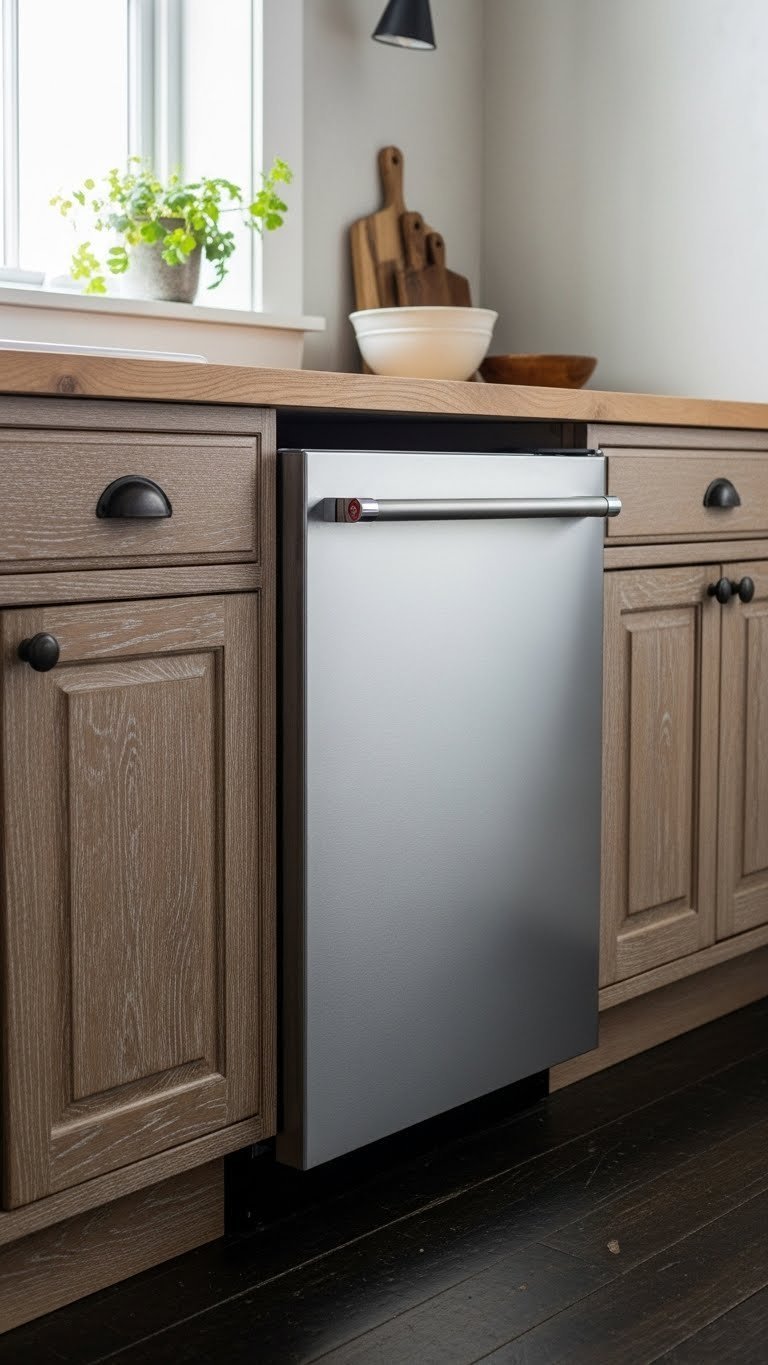 Modern stainless steel appliance integrated into distressed wood cabinetry