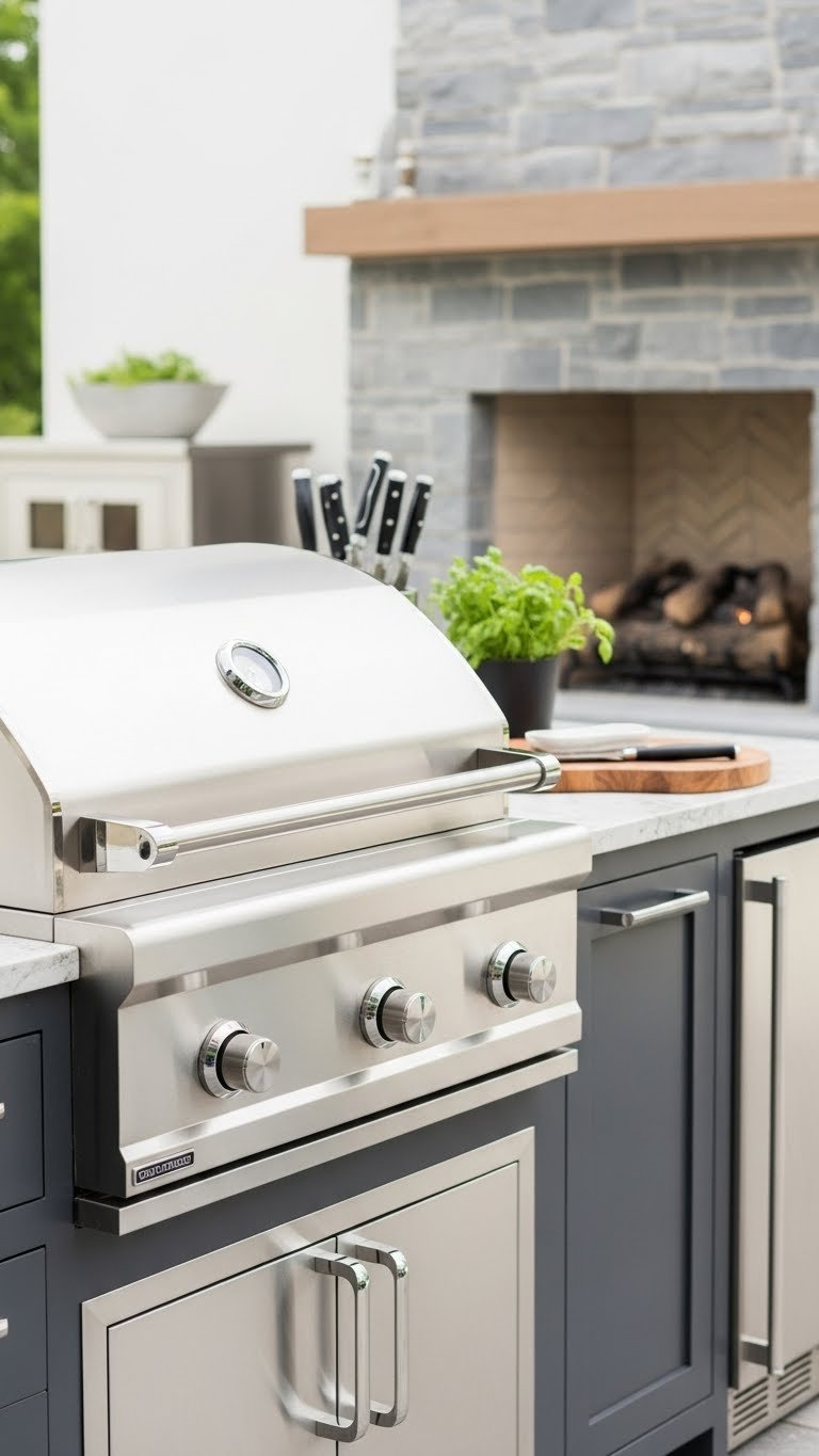 Modern stainless steel outdoor grill integrated into gray cabinetry with subtle pizza oven and fireplace in background