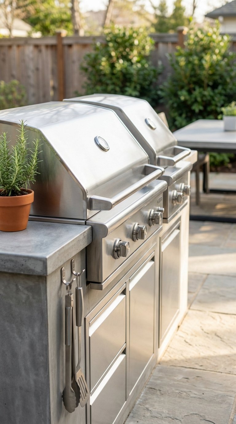 Outdoor Kitchen Entertaining Ideas Proven Tips For Homeowners 1 Modern stainless steel outdoor grill with polished concrete countertop, side burners, and grilling tools in sunny backyard setting.