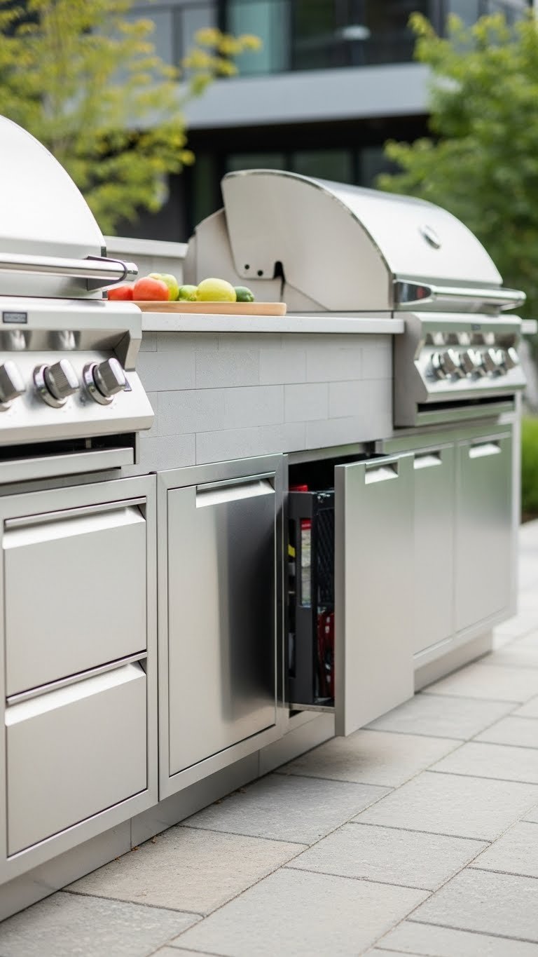 Modern stainless steel outdoor kitchen cabinets with built-in grill and quartz countertop on stone patio