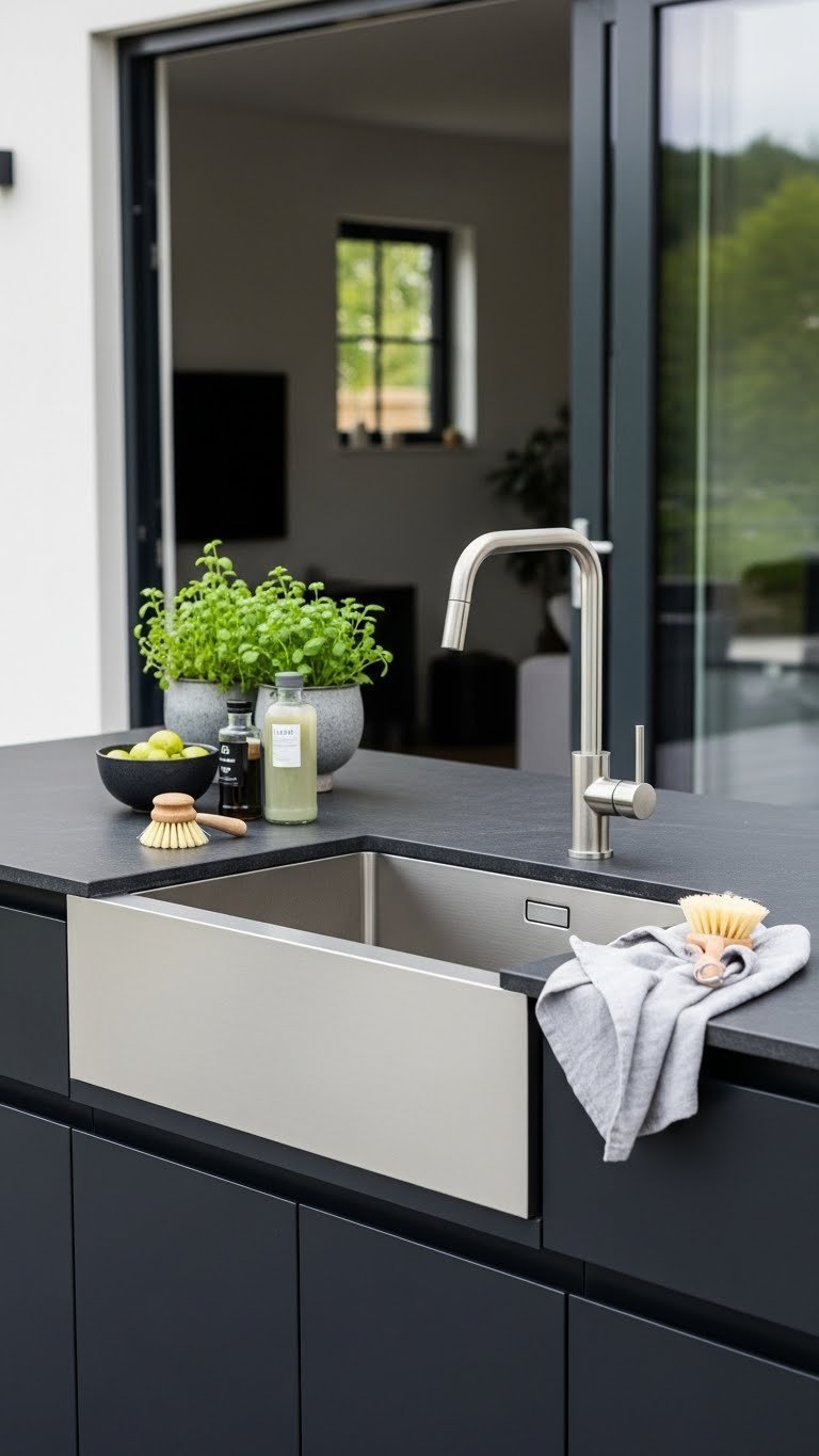 Modern stainless steel outdoor utility sink on dark stone countertop with fresh herbs and dish brush in minimalist kitchen setting