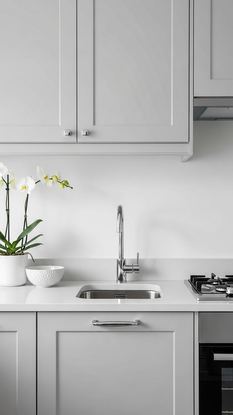 Modern stone gray kitchen cabinets with quartz countertops, polished chrome fixtures, and white orchids in bright daylight.