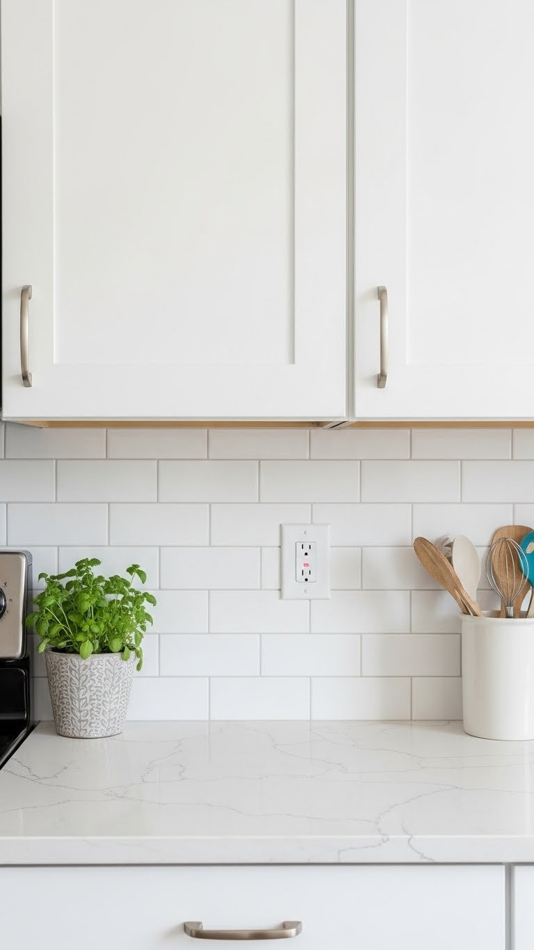 Modern subway-style peel and stick backsplash tiles installed above clean countertop in small kitchen space.