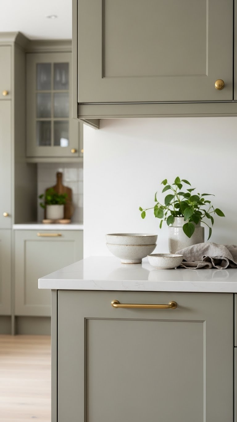 Modern taupe kitchen cabinets with brass hardware and clean lines against subtly blurred natural stone backsplash