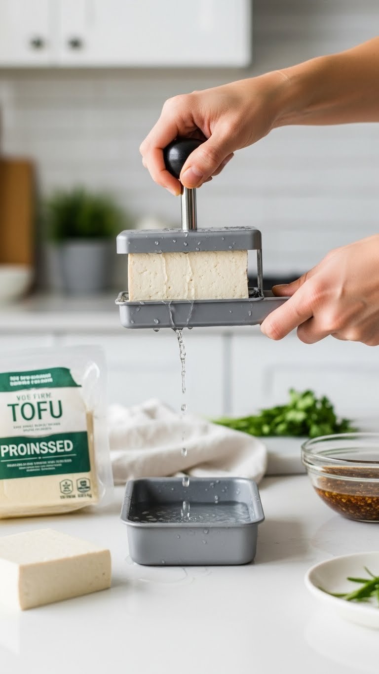 11 Essential Chinese Kitchen Gadgets: Master Authentic Cooking 15 Modern tofu press draining water from firm tofu block on clean white kitchen countertop