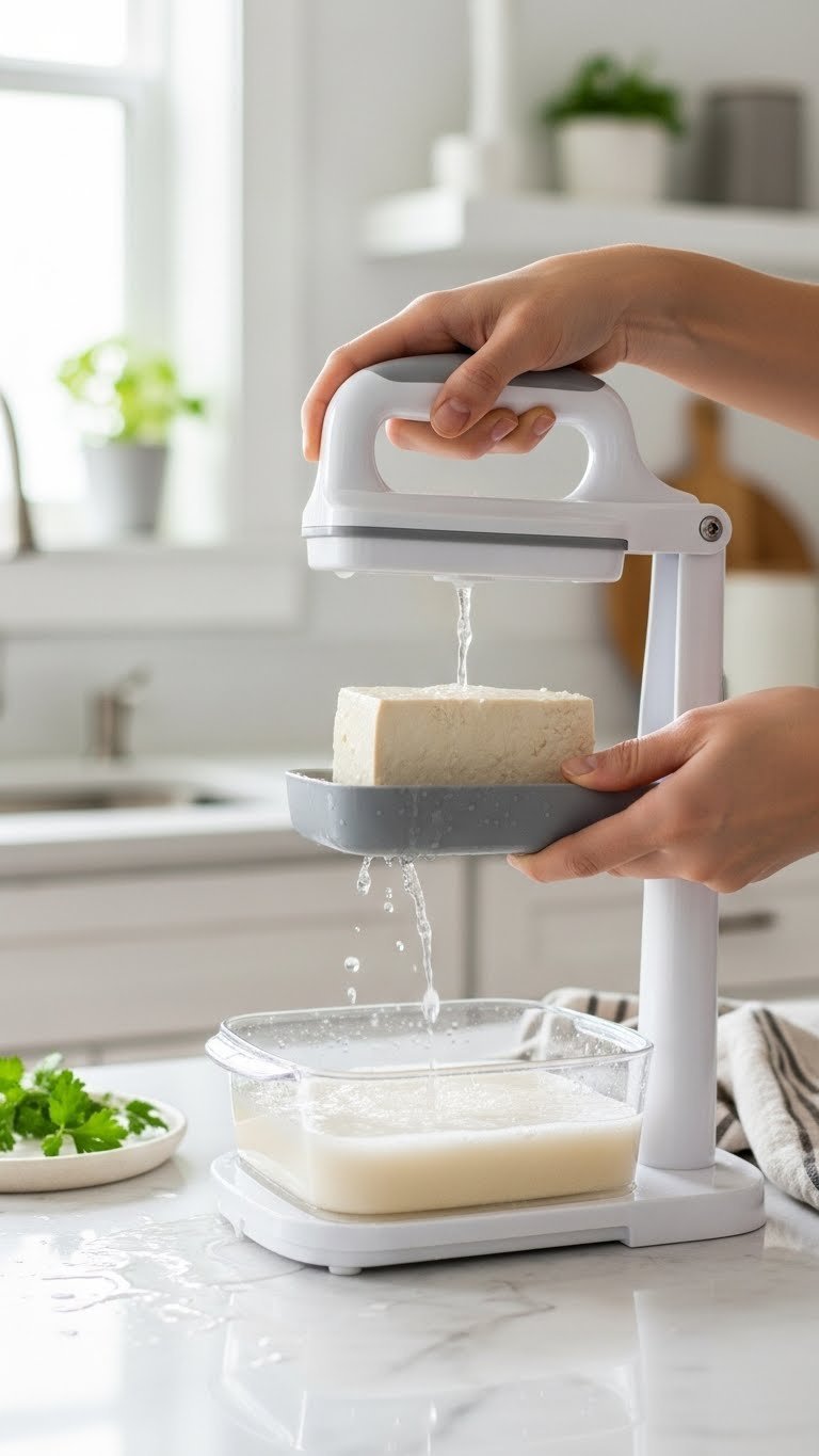 9 Smart Japanese Kitchen Gadgets For Home Cooks 3 Modern tofu press extracting water from firm tofu on marble countertop