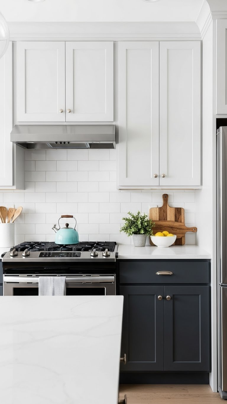 Modern two-tone kitchen cabinets with darker lower cabinets and lighter upper cabinets creating visual height.