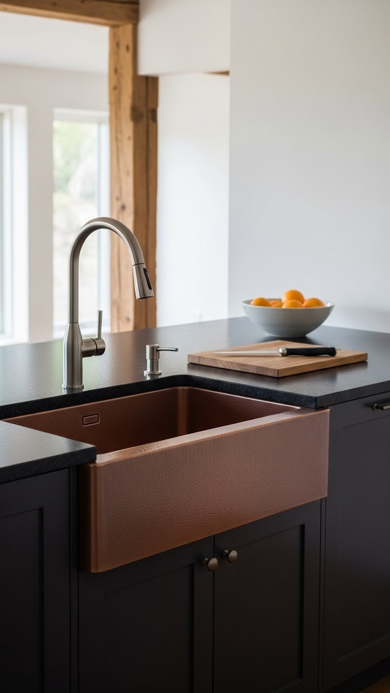 Modern undermount copper sink integrated with dark polished granite countertop and sleek stainless steel faucet in minimalist kitchen