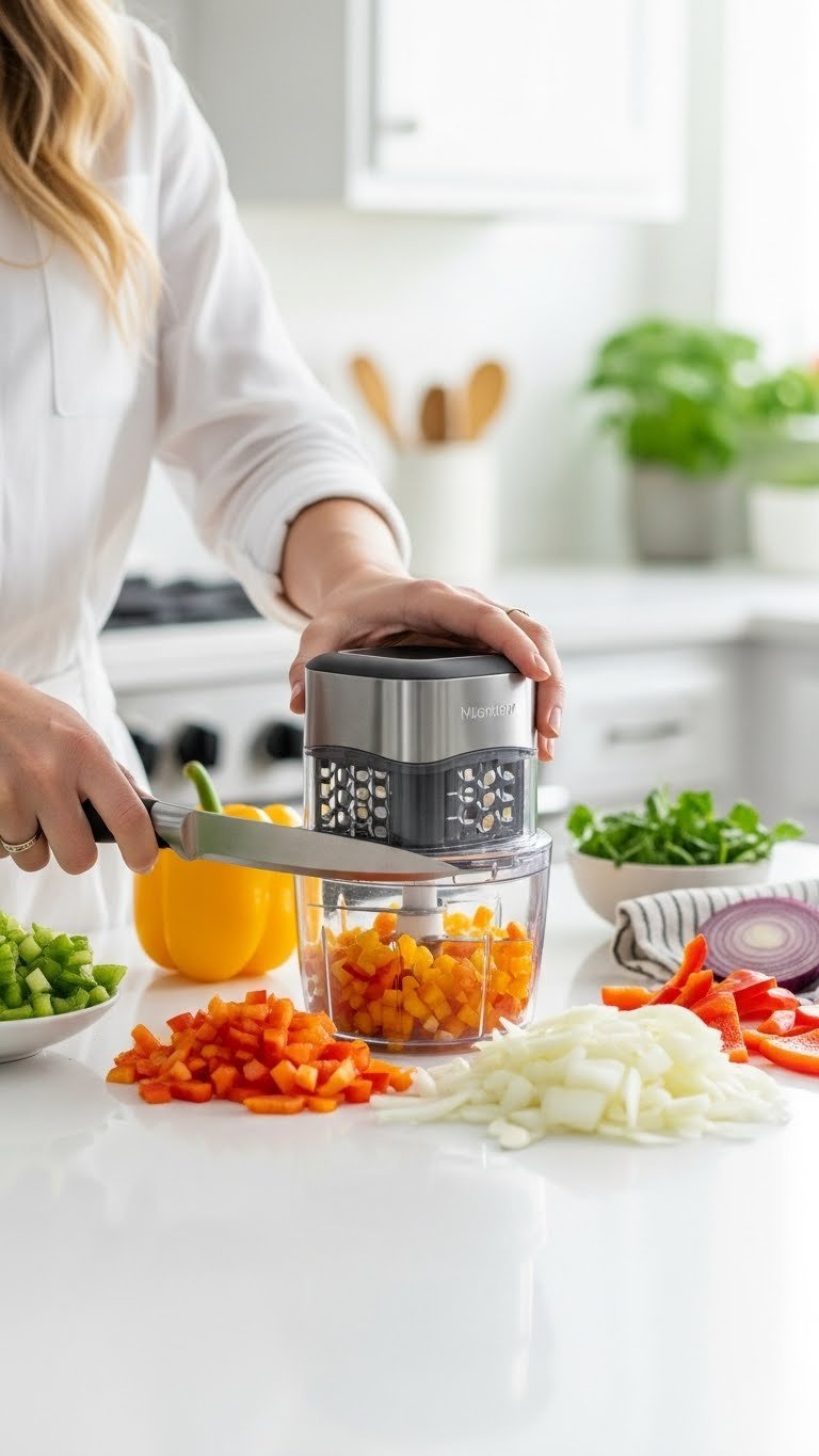 Modern vegetable chopper efficiently dicing vibrant bell peppers and onions on pristine white kitchen counter with visible interchangeable blades