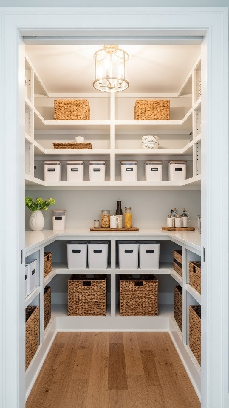 Diy Kitchen Pantry Ideas: 7 Essential Storage Solutions 5 Modern walk-in pantry, a closet conversion, features custom shelving, storage bins, and neatly arranged food items.