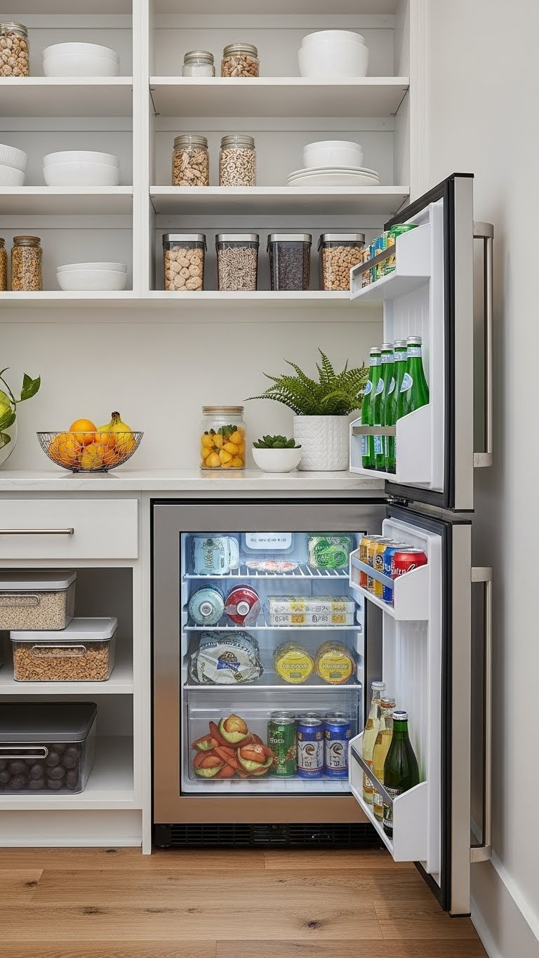Modern walk-in pantry features a sleek integrated beverage fridge, showcasing organized drinks and frozen goods on crisp white shelves.