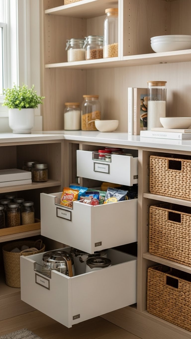 Modern walk-in pantry showcasing sleek pull-out drawers and woven baskets with organized snacks and baking supplies for easy access.