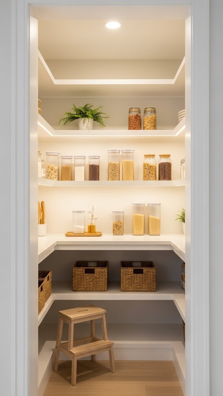 Modern walk-in pantry with bright LED strip lighting and a ceiling fixture illuminating neatly organized jars on white shelves.