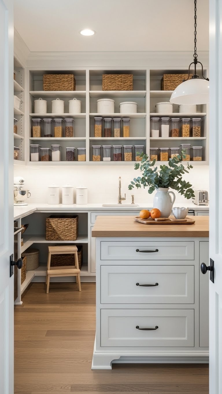 11 Pantry Closet Ideas: Transform Small Spaces, Organize Smarter 21 Modern walk-in pantry with white shelves, central island, clear food storage, and smart lighting for efficient storage.