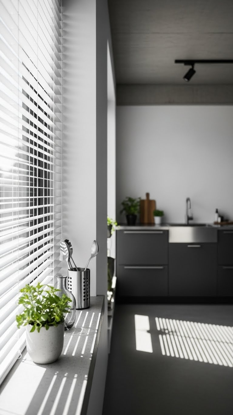 Modern white aluminum venetian blinds with angled slats creating light patterns in industrial-Scandi kitchen with concrete walls