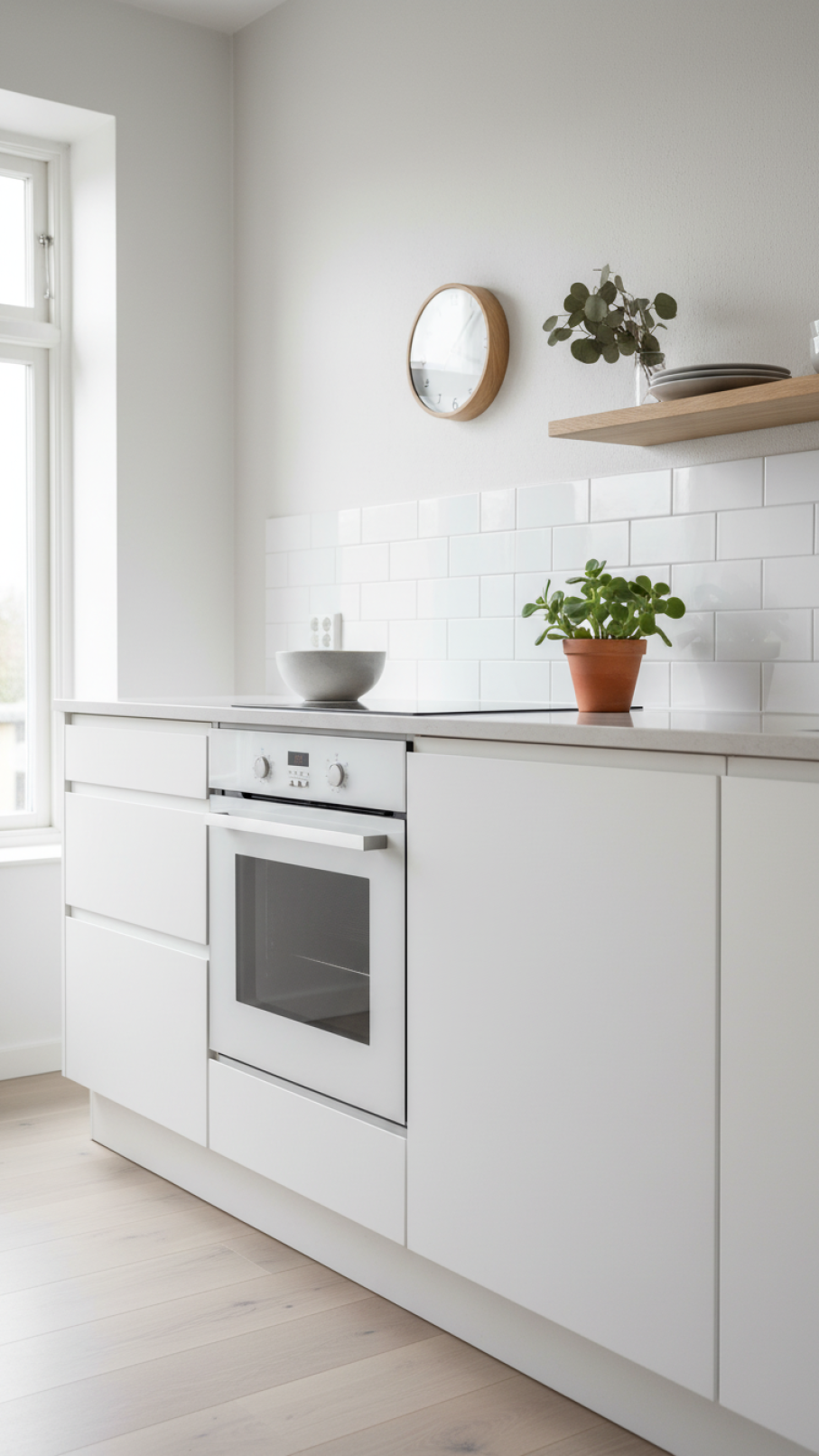 Modern white handleless cabinetry with integrated appliance in minimalist Scandinavian kitchen design