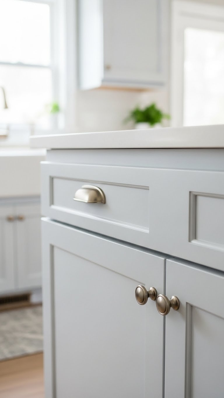 Modern white kitchen cabinet with minimalist hardware showcasing a fresh kitchen transformation in bright daylight