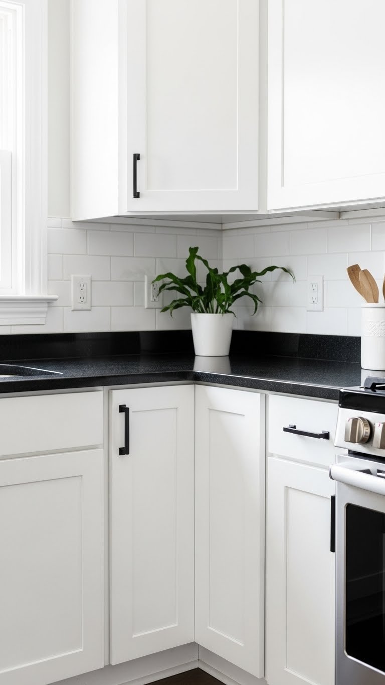 Small Kitchen Dark Countertops: 7 Ways To Transform Your Space 1 Modern white shaker kitchen cabinets with matte black hardware against sleek black granite countertops in bright daylight