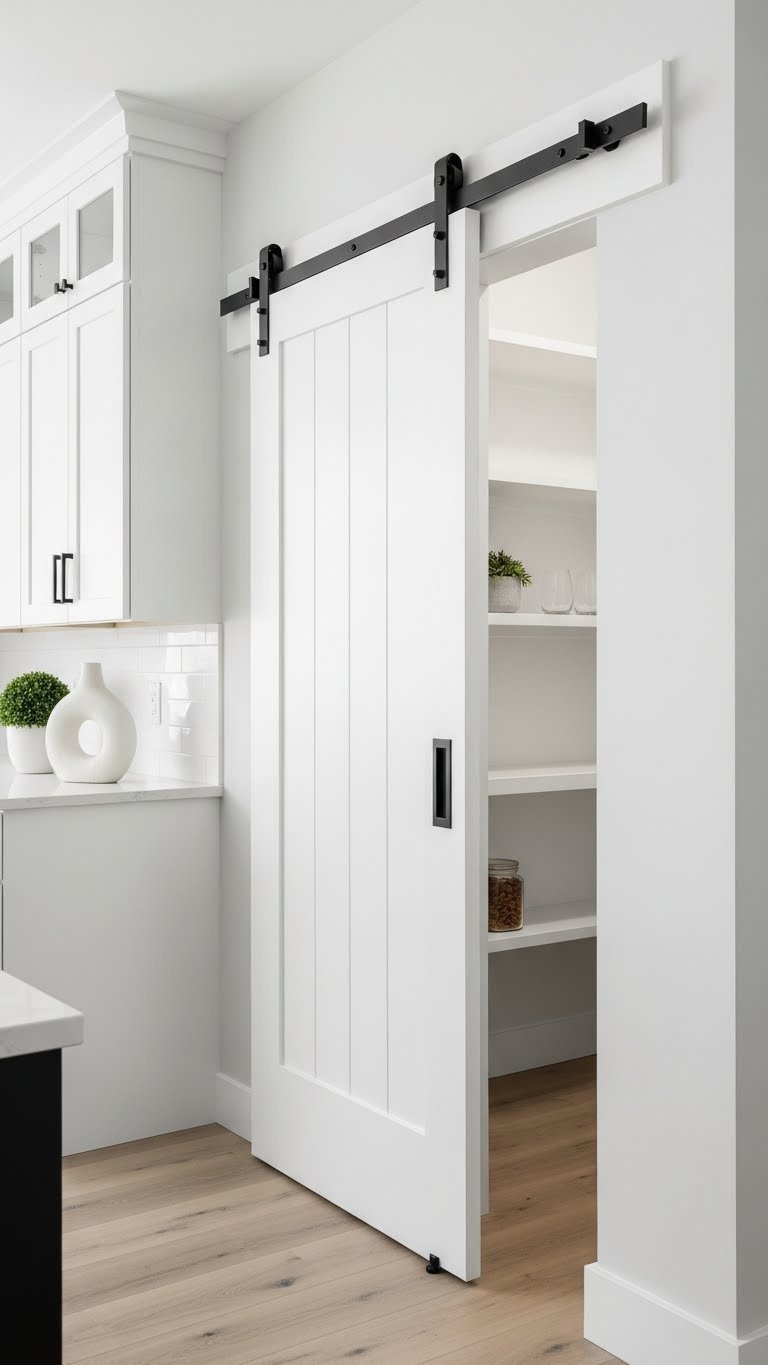 Modern white sliding barn door on sleek track partially open, revealing an organized kitchen pantry interior with minimalist design.
