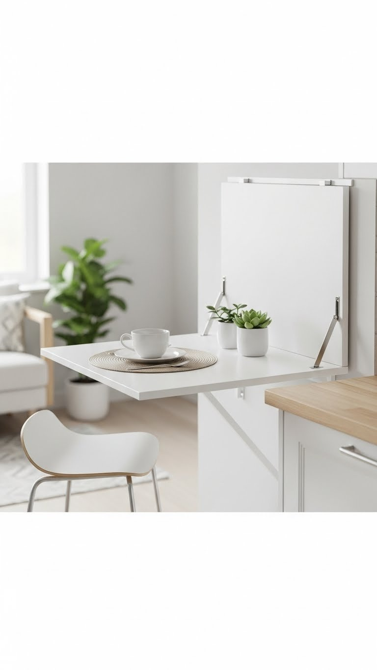 7 Essential Small Kitchen Ideas With Breakfast Bar 1 Modern white wall-mounted folding breakfast bar in small kitchen with minimalist coffee mug and succulent plant for space-saving design.