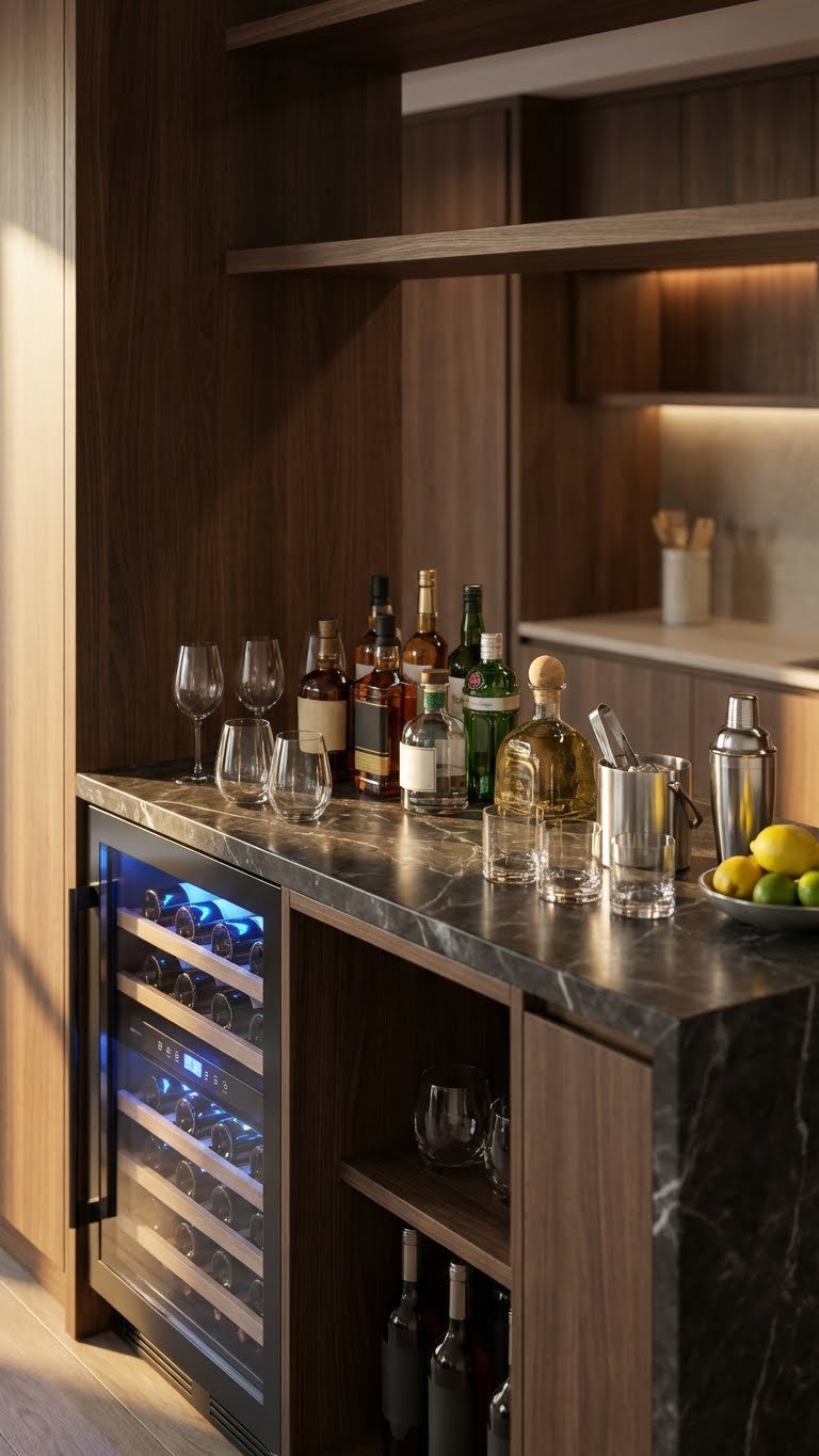 11 Ultimate Kitchen Pantry Beverage Station Ideas Design Your Dream Drink Hub 3 Modern wine and spirits bar in a kitchen pantry with a sleek wine cooler, elegant glassware, and liquor bottles.