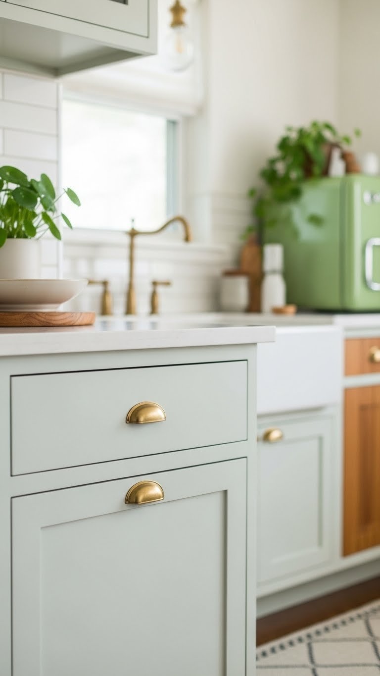 Small Kitchen Ideas 70S: 9 Proven Ways To Modernize Now 1 Modernized 70s kitchen cabinets painted sage green with brushed brass hardware against original wood paneling in bright daylight.