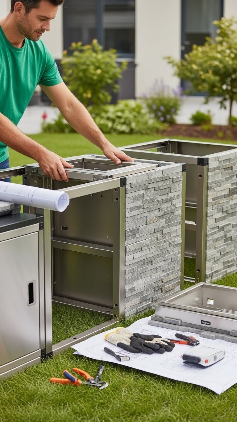 Modular outdoor kitchen components being assembled by hands with tools on clean backyard lawn.