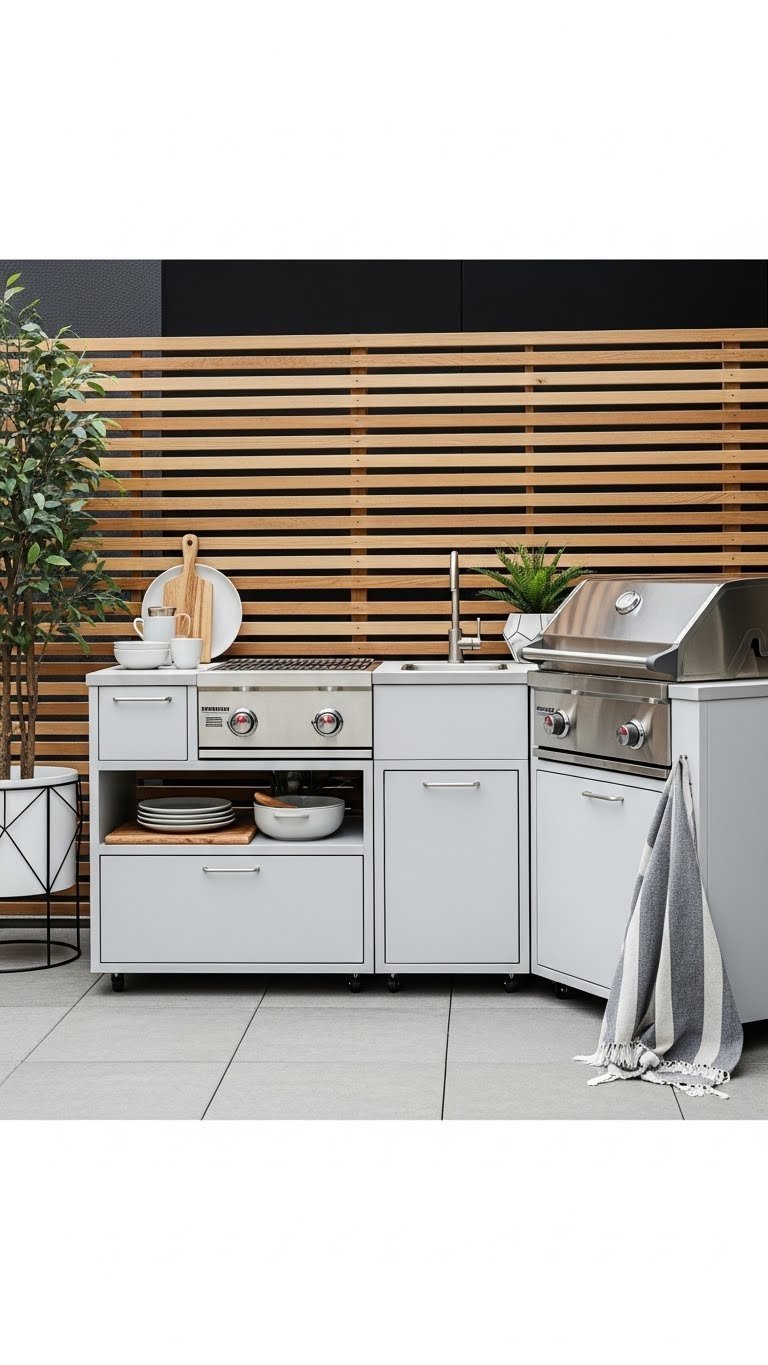Small Outdoor Kitchen: 11 Smart Designs To Maximize Your Space 11 Modular outdoor kitchen units arranged on concrete patio with contemporary wooden fence background