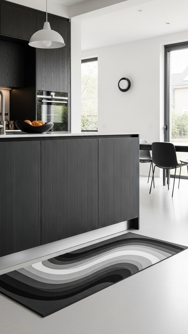 Monochromatic abstract Scandinavian kitchen mat with charcoal and white organic lines on light concrete floor