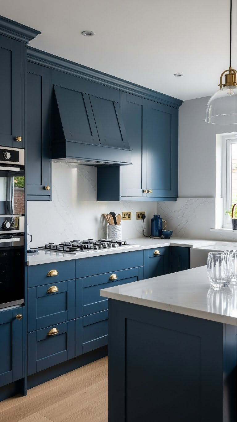 Monochromatic blue kitchen with navy cabinets blending with lighter blue walls and darker midnight blue island.