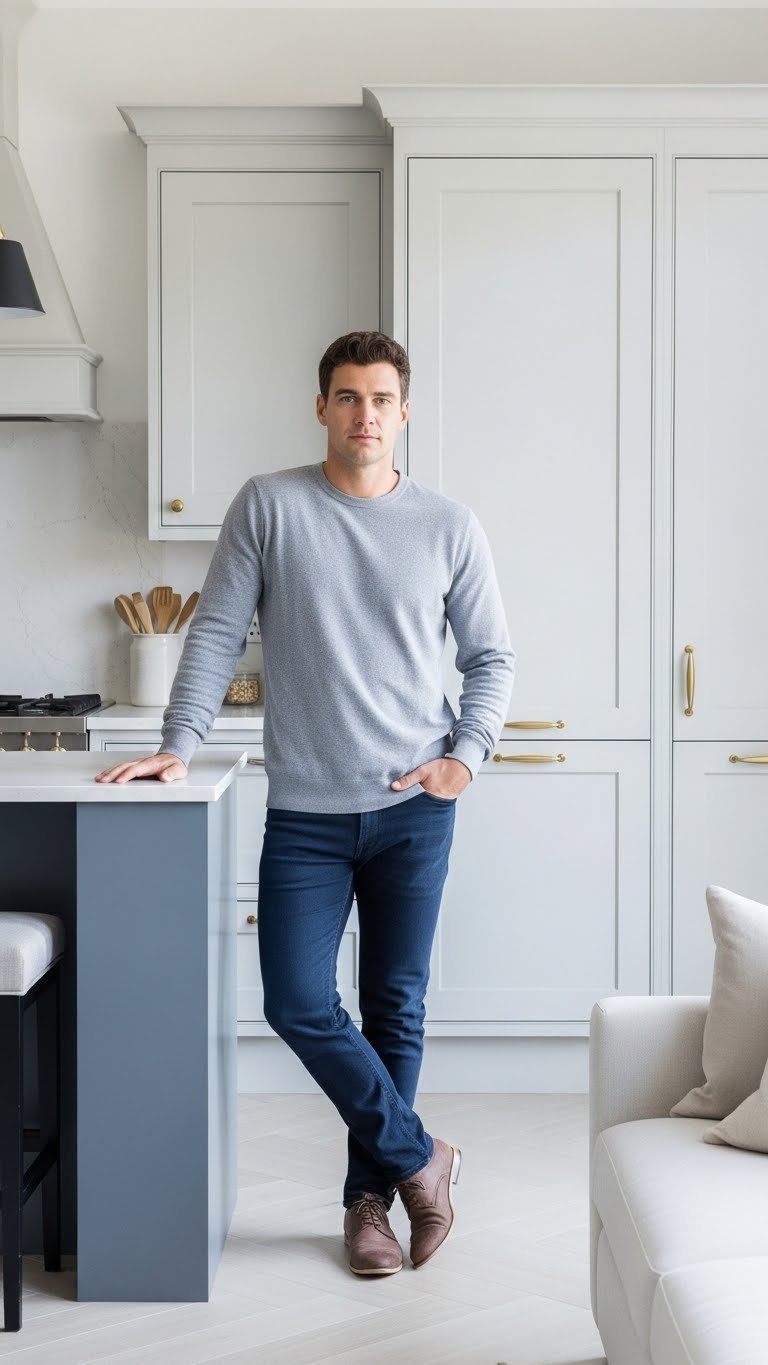 Monochromatic blue & white unifies open kitchen living. Seamless blend of cabinets & furnishings for modern style. Bright design.