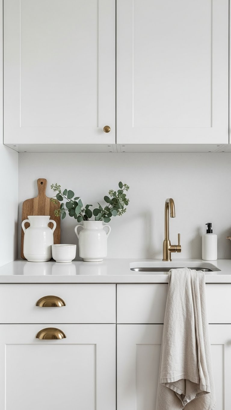 Monochromatic neutral kitchen with layered gray tones, matte white countertops, and white ceramic vases in overcast light.