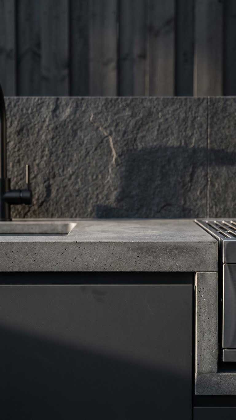 Monochromatic outdoor kitchen with charcoal gray cabinets, concrete countertop, and stone backsplash