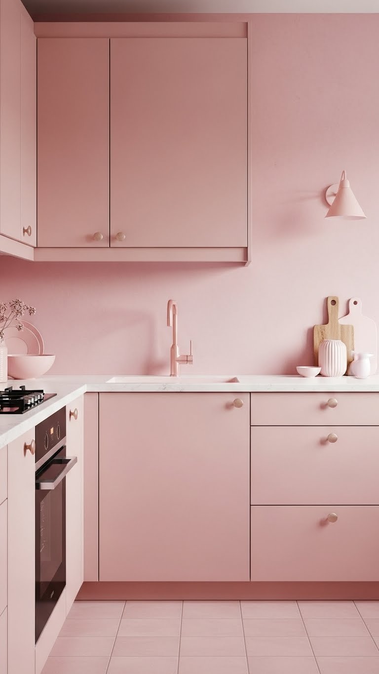 Monochromatic pink Scandinavian kitchen with layered blush and dusty rose color palette