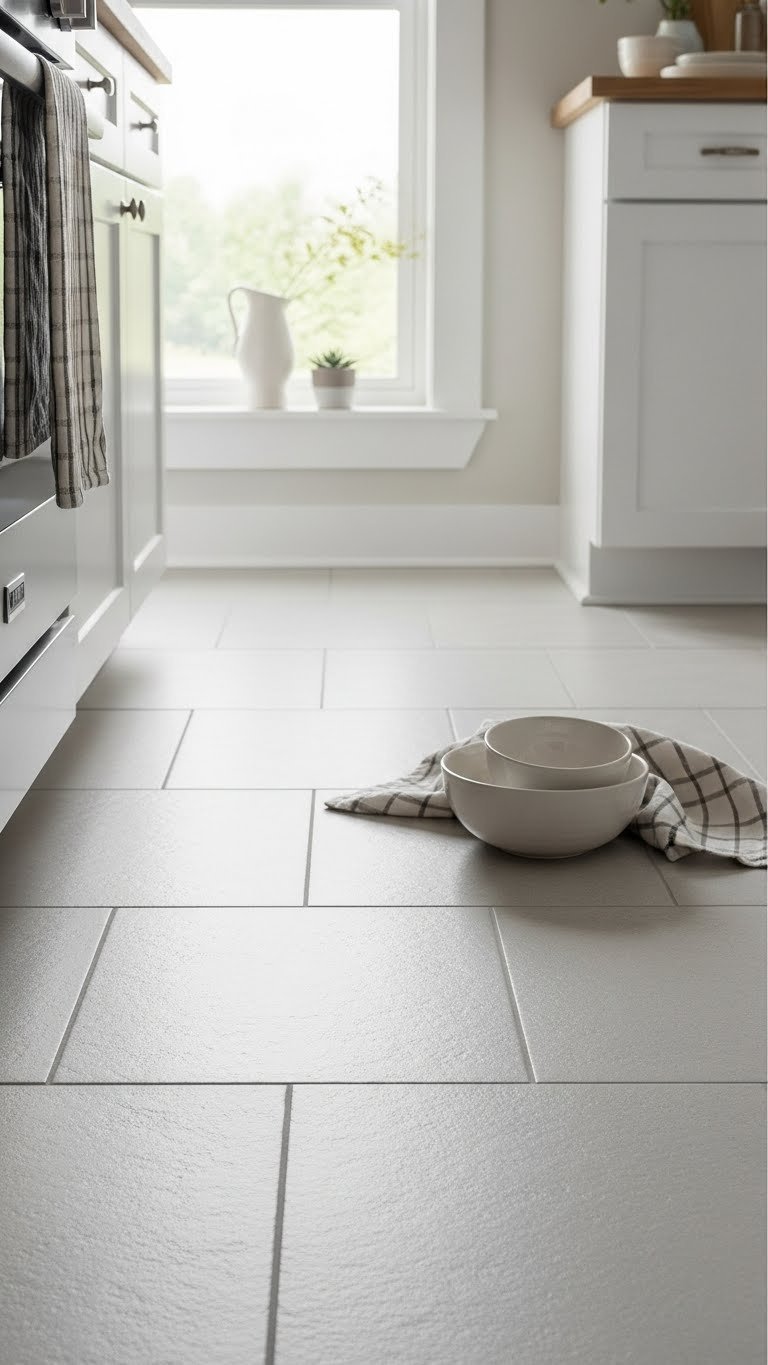 Monochromatic small kitchen floor featuring light grey tiles with matching grout creating seamless fluid appearance