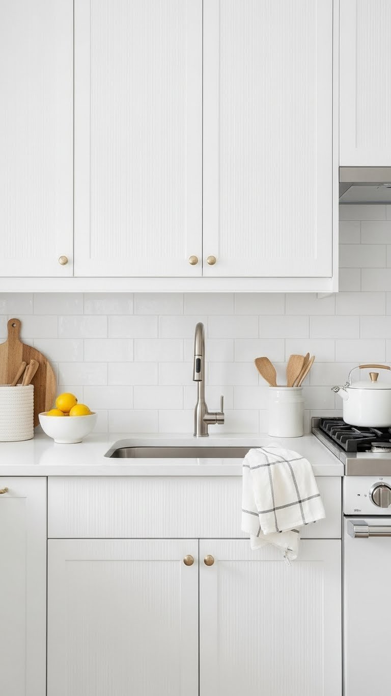 Monochromatic white kitchen featuring textured subway tile backsplash and ribbed cabinet fronts with lemons.