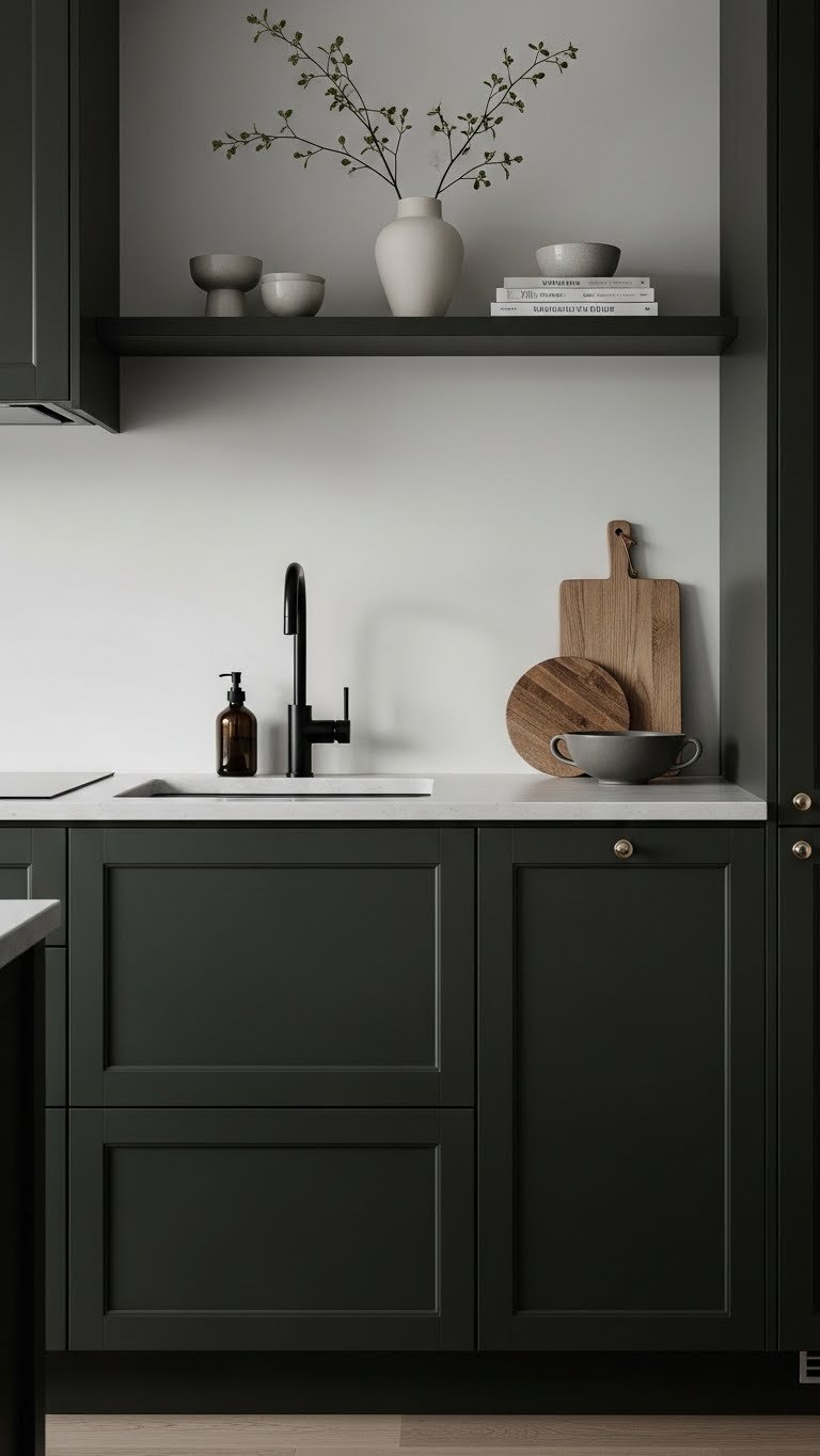 Moody Scandi Kitchen: 5 Genius Tips For A Dark Modern Look 1 Moody Scandinavian kitchen with dark charcoal cabinetry, light countertops, and minimalist decor in soft natural lighting