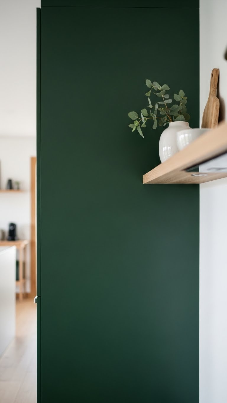 Moody dark green Scandinavian kitchen wall with soft natural light and white ceramic vase on floating wood shelf