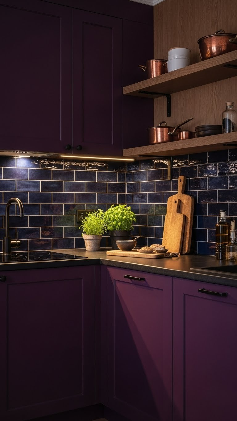 Moody jewel tone kitchen with eggplant purple cabinets, sapphire blue tile backsplash, and warm wooden floating shelves.