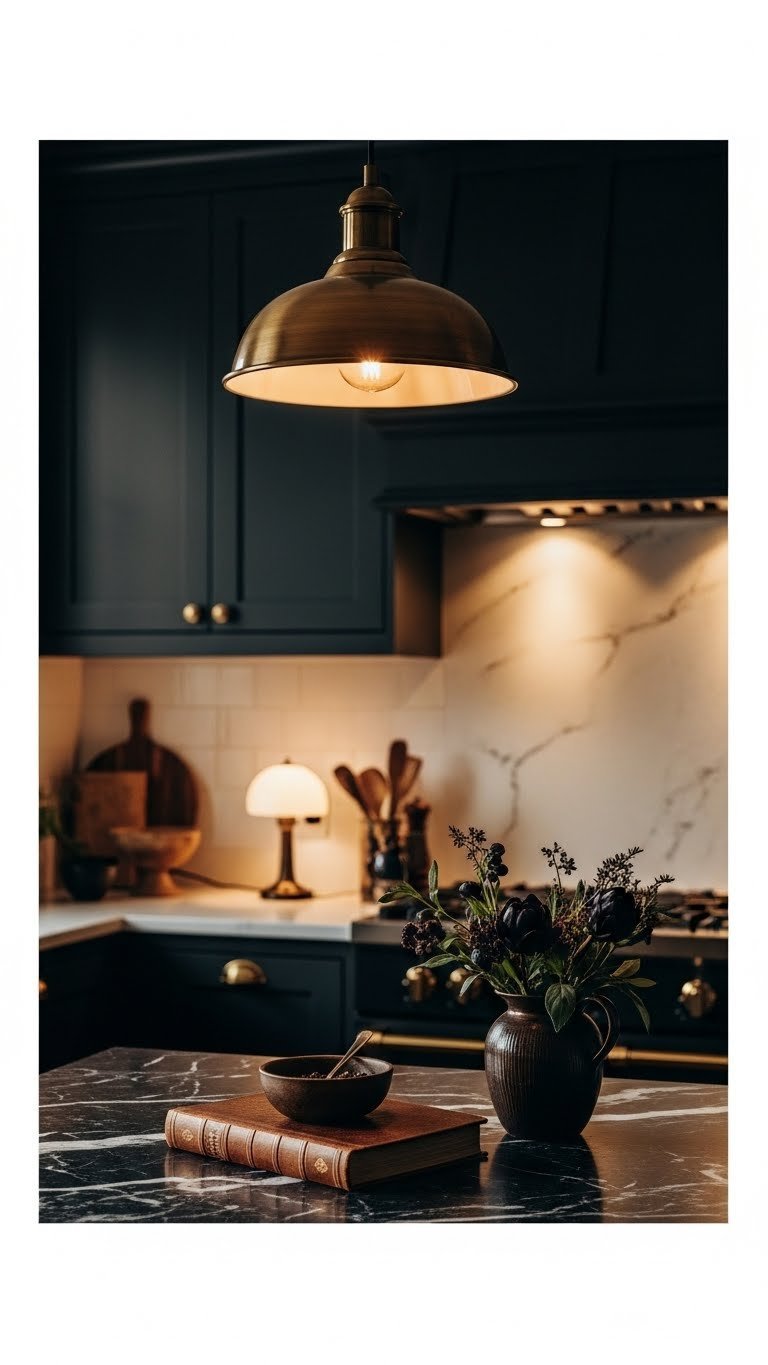 Dark Romantic Kitchen Aesthetic: 7 Design Secrets For A Cozy Home 3 Moody layered kitchen lighting. Antique brass pendant & under-cabinet glow on dark stone counter. Table lamp, cookbook, flowers; cozy ambiance.