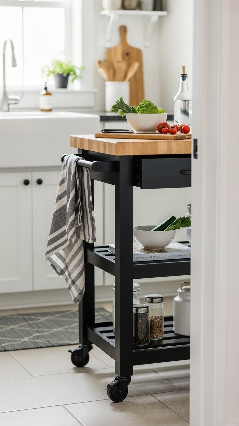 Movable kitchen island with butcher block top and storage shelves on wheels