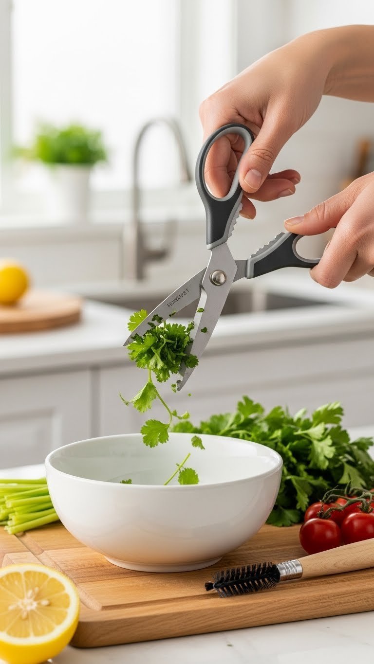 Multi-blade stainless steel scissors snipping fresh parsley into ceramic bowl with lemon garnish