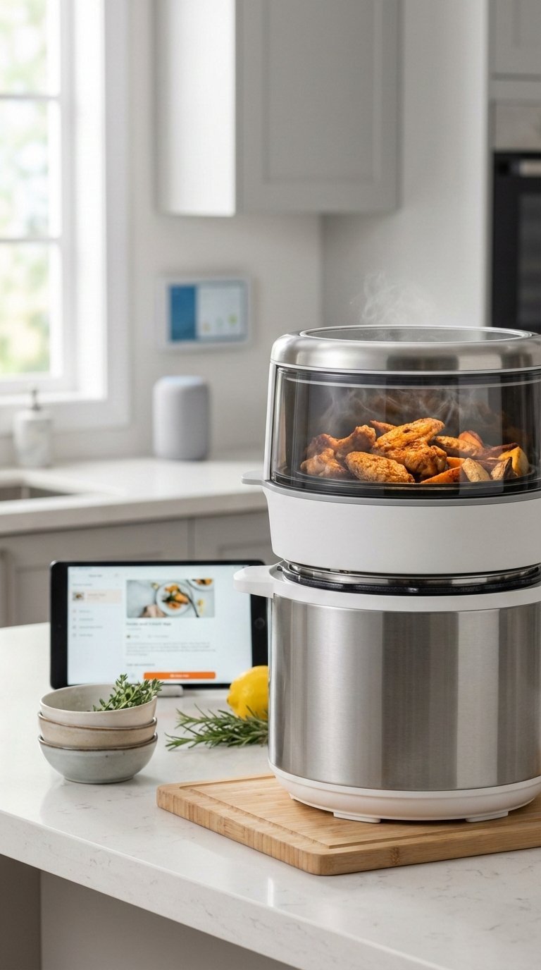 Multi-functional Instant Pot and Air Fryer combo with golden-brown chicken cooking on light kitchen countertop.