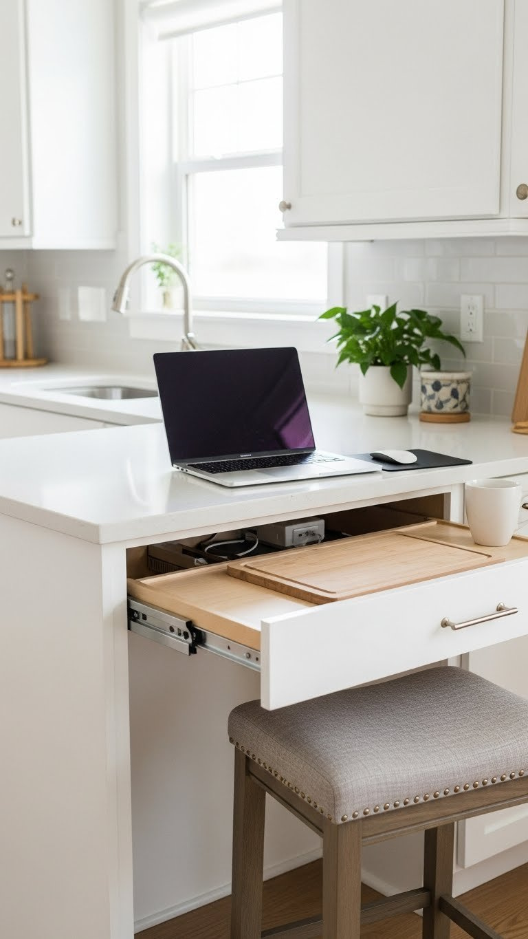 Multi-functional kitchen counter serving as prep area and work-from-home desk with integrated storage solutions